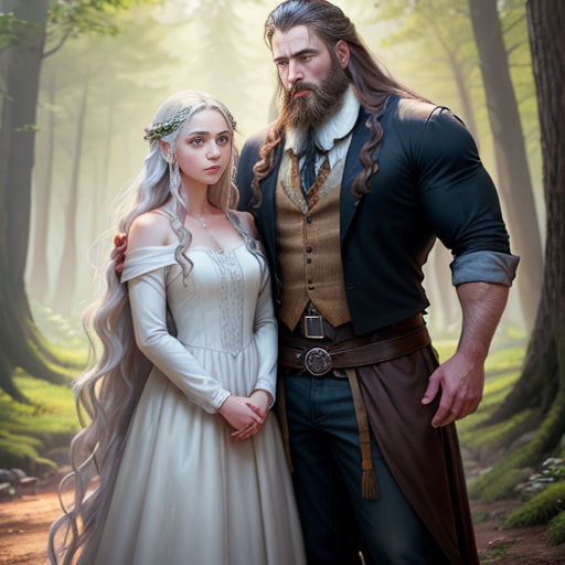 a man and a woman dressed in medieval clothing standing in a forest with trees and grass behind them, both wearing long white dresses