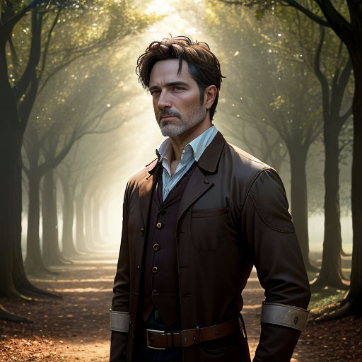a man standing in a forest with trees in the background and sunlight shining through the trees on the ground