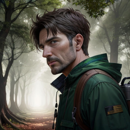 a man with a backpack in a forest looking at something in the distance with a foggy background and trees