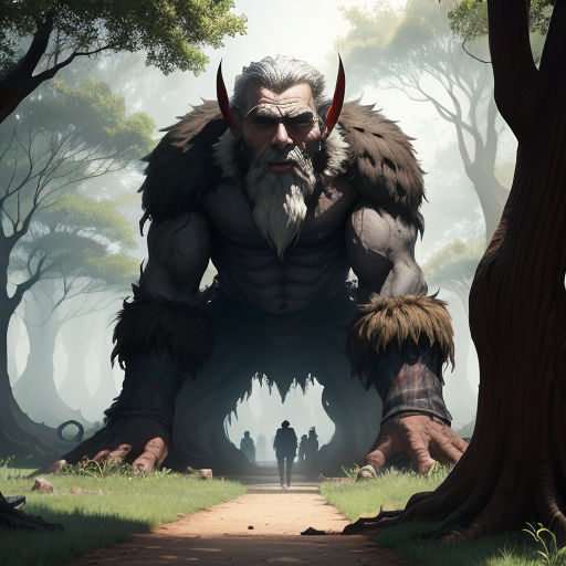 a man with a beard and horns standing in a forest with a giant monster like creature behind him,