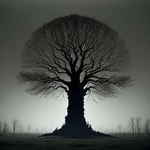 a tree with no leaves in a field with a moon in the sky above it and a foggy sky