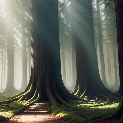 a path in the middle of a forest with moss growing on the ground and trees on either side of the path