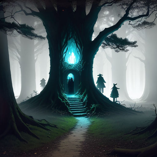a path leading to a glowing tree with a person standing in the doorway of it in the middle of a forest