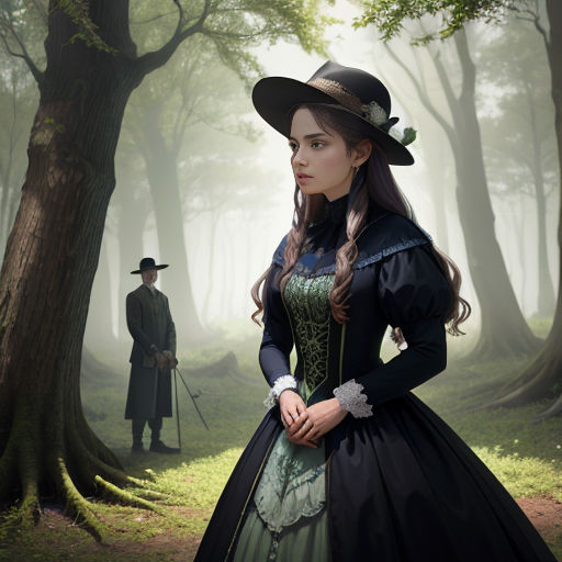 a woman in a long black dress and a man in a green hat in a forest with trees and grass