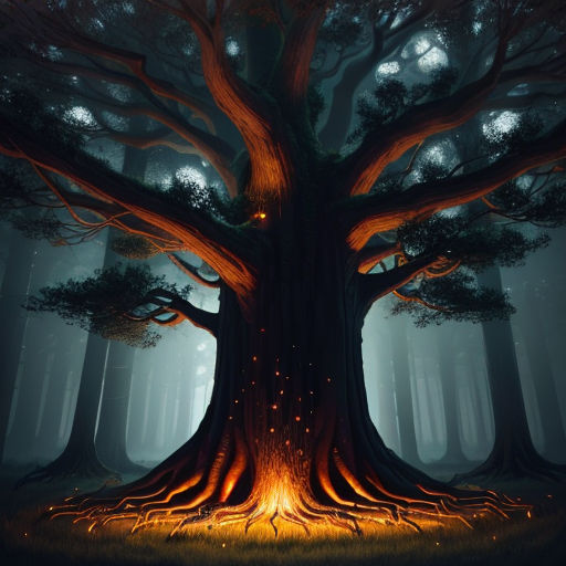 a large tree with a glowing trunk in the middle of a forest at night with a bright light coming from the trunk