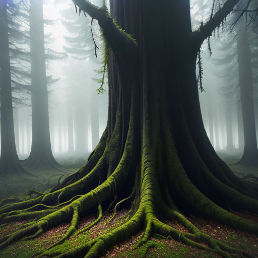 a large tree with very large roots in a forest with foggy trees in the background and a light shining through the trees