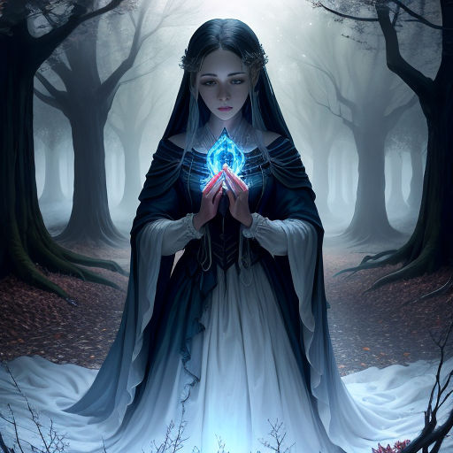 a woman in a white dress holding a crystal ball in a forest with trees and branches in the background