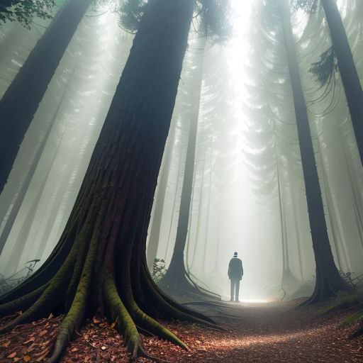 a man standing in the middle of a forest with a foggy sky behind him and trees on both sides