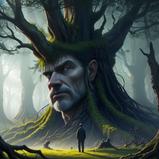 a man standing in a forest with a tree on his head and a man standing in the background with a forest in the background