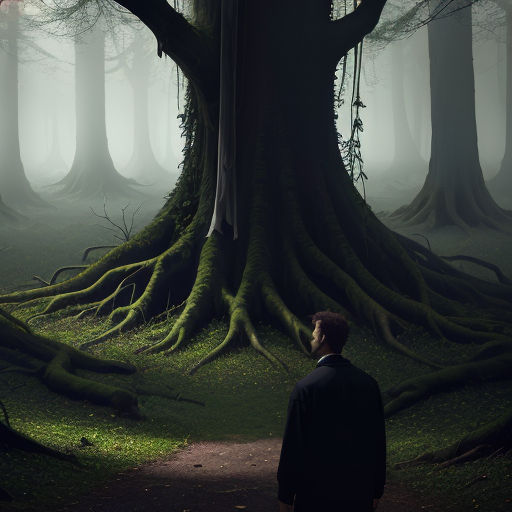 a man standing in front of a tree with its roots exposed in the forest, with a foggy background