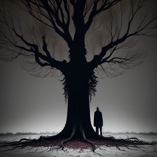 a man standing in front of a tree with a creepy look on it's face and a creepy looking tree with a man standing in front of it
