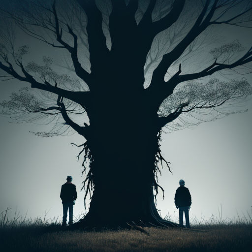 two people standing in front of a large tree in a field at night with a foggy sky behind them