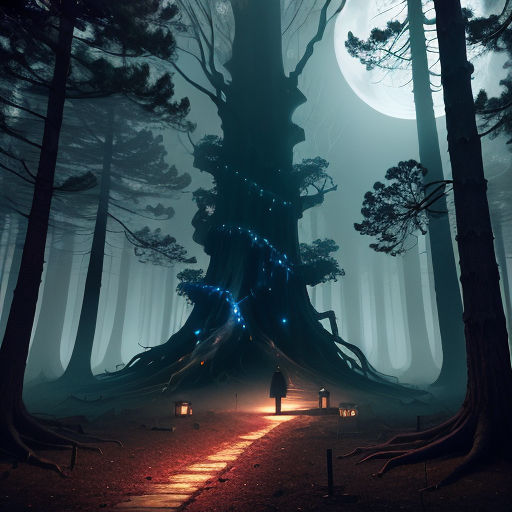 a person standing in the middle of a forest with a tree on it's side and a light trail going through the middle