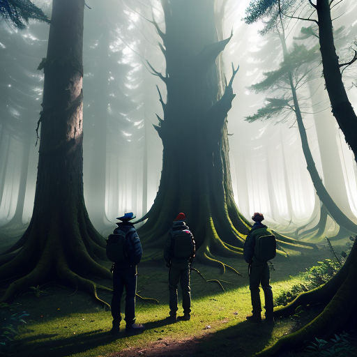 three people standing in the middle of a forest with fog on the trees and grass on the ground,