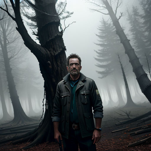a man standing in a forest with a gun in his hand and a foggy background behind him,