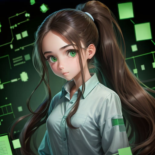 a girl with long hair and green eyes is standing in front of a green background with squares and squares