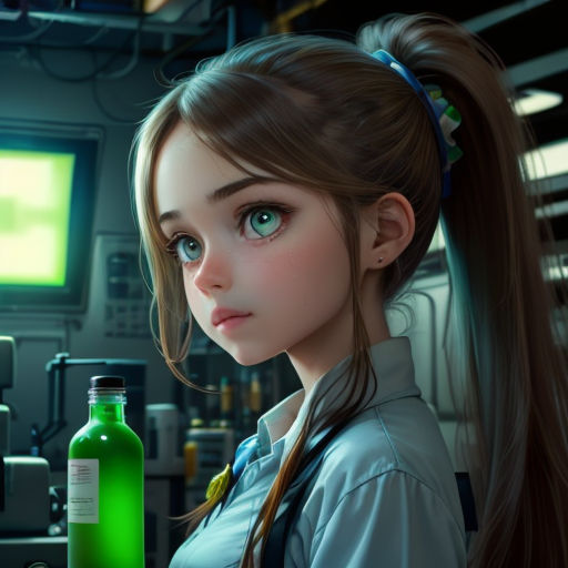 a girl with a ponytail is holding a bottle of medicine in a room with a television and a monitor
