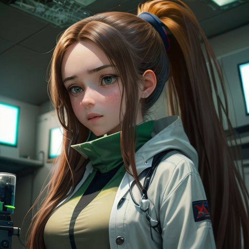 a girl with long hair and a ponytail standing in a room with a cell phone in her hand and a camera in her hand