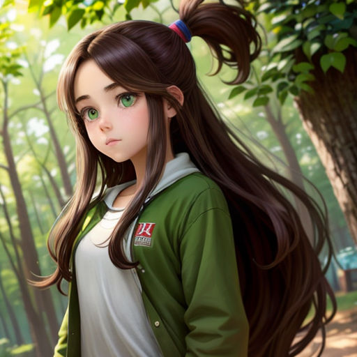 a girl with long hair standing in the woods with her hands on her hips and looking at the camera