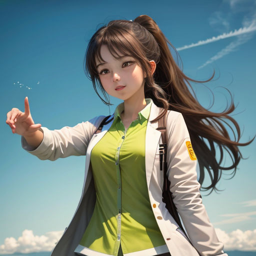 a woman with long hair is pointing at something in the air with a sky background and clouds in the background