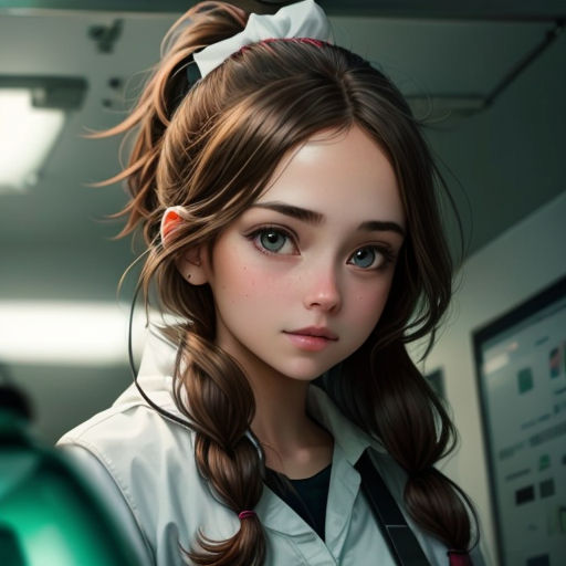 a girl with long hair and a ponytail is looking at the camera with a serious look on her face