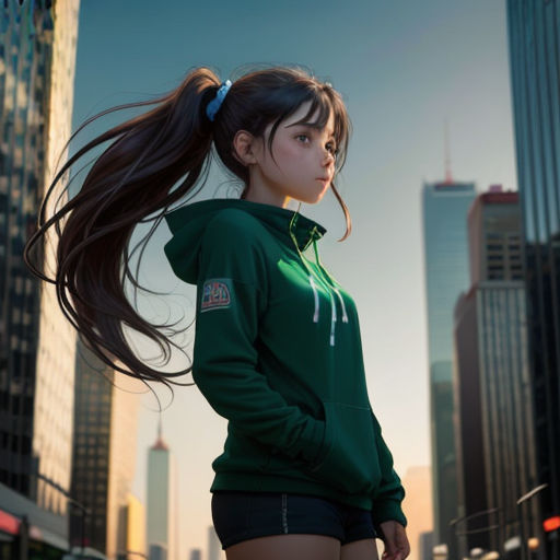 a woman with long hair standing in a city street with skyscrapers in the background and a ponytail in her hair