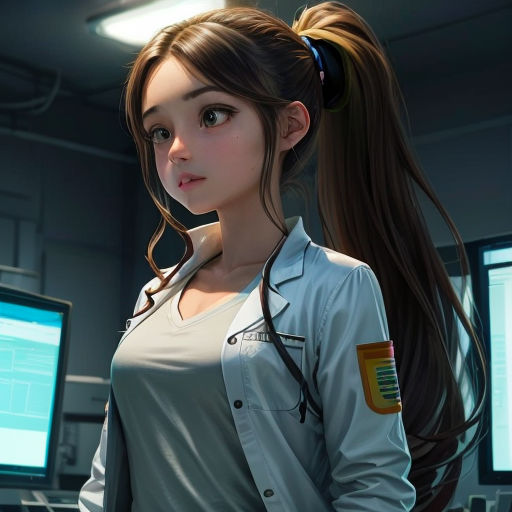 a girl with long hair standing in front of a computer monitor and keyboard in a room with two monitors