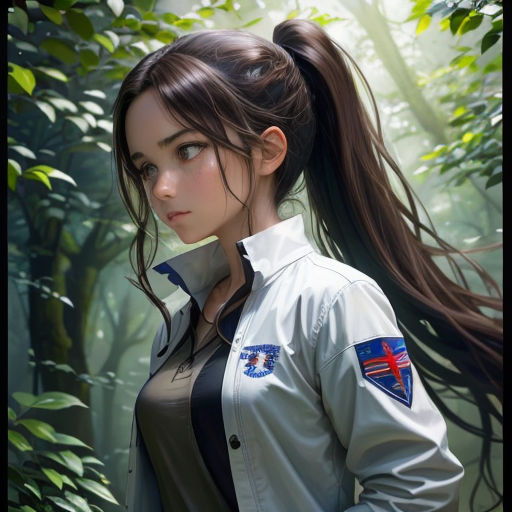 a woman with long hair standing in a forest with trees and bushes behind her, wearing a white jacket