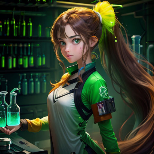 a girl holding a flask of green liquid in a laboratory with a green light on her head and a green light on her arm