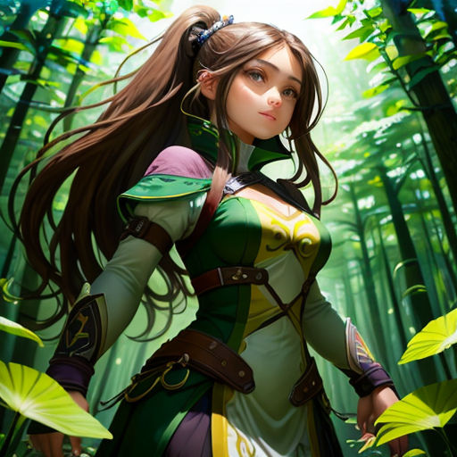 a woman in a green outfit standing in a forest with leaves on the ground and a sword in her hand