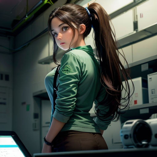 a woman with a ponytail standing in front of a computer screen in a room with a lot of cabinets