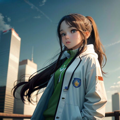 a woman with long hair standing in front of a city skyline with skyscrapers in the background and a green shirt on