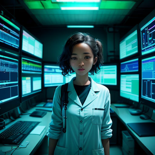 a woman standing in front of a bunch of monitors in a room with a laptop on the desk and a lot of monitors on the wall