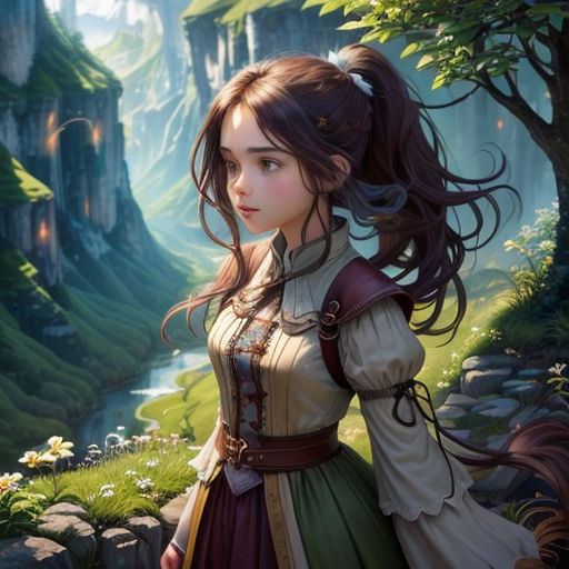 a girl in a dress standing in front of a forest with a river and mountains in the background, with a forest and mountains in the background