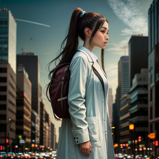 a woman with a backpack standing in the middle of a city street at night with traffic lights in the background
