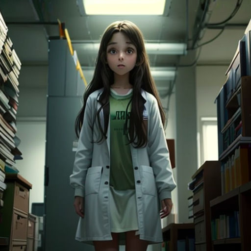 a girl standing in a library with a book shelf full of books behind her and a light coming from the ceiling