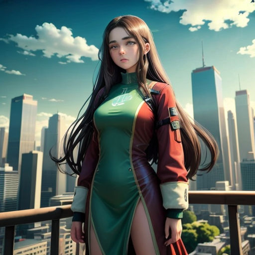 a woman in a green dress standing on a balcony with a city in the background and a sky background