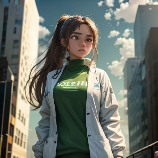 a woman in a green shirt and a white jacket standing in front of a cityscape with buildings
