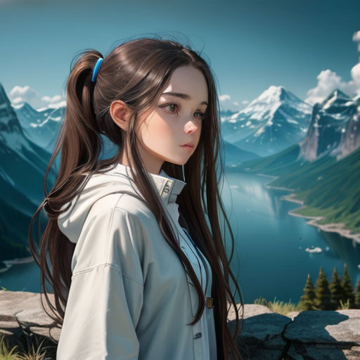 a girl with long hair standing in front of a mountain lake with a mountain range in the background and a lake in the foreground