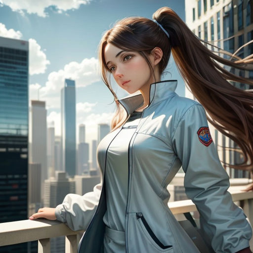 a woman with long hair standing on a balcony in a city setting with skyscrapers in the background, wearing a gray jacket