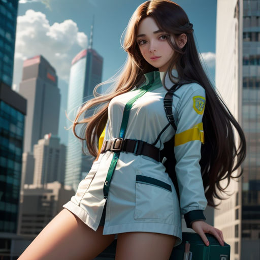 a woman in a short skirt and jacket holding a suitcase in a city setting with skyscrapers in the background