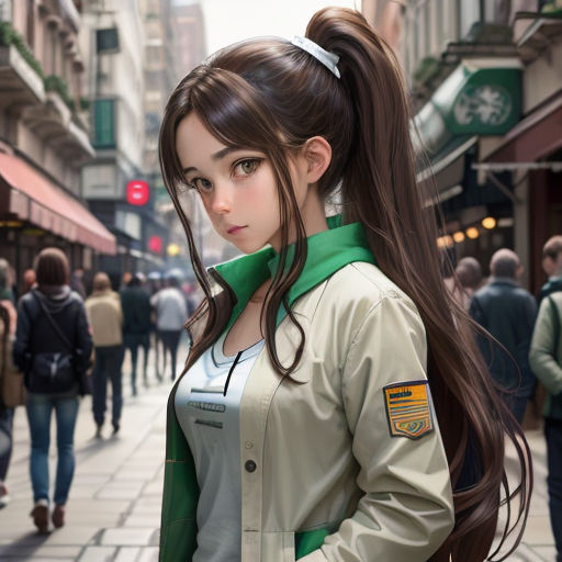 a woman with long hair standing on a street corner in a city with people walking by and a man walking down the street