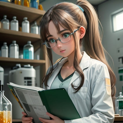 a girl in a lab coat reading a book in front of a shelf of bottles and beakers with a beakle on her head