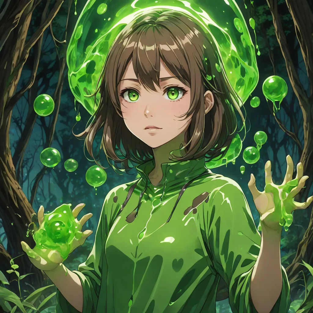 a girl in a green outfit holding up a green substance in her hands in front of a forest with green leaves, green, shock art, a character portrait, Ai-Mitsu