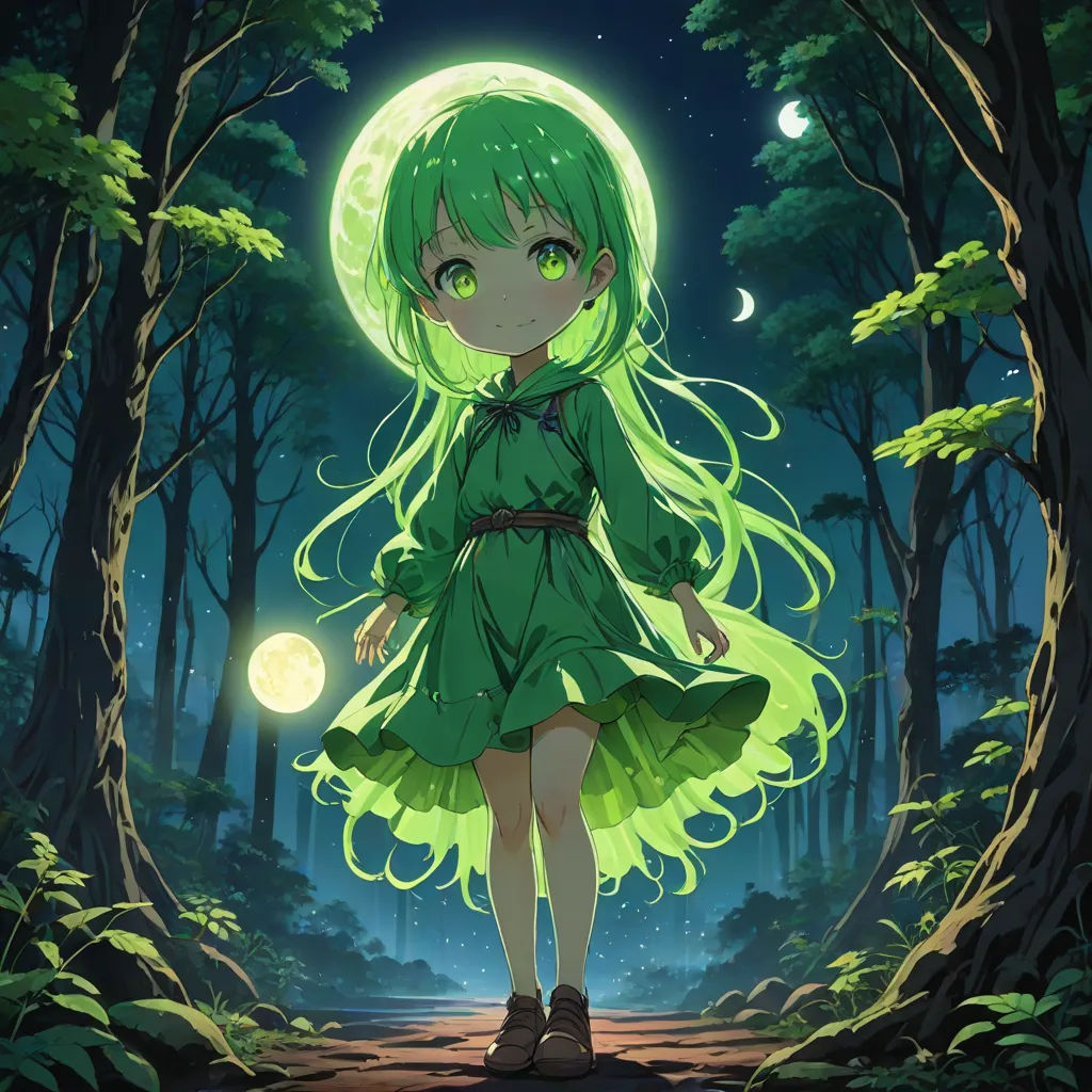 a girl in a green dress standing in the woods at night with a full moon in the background and trees, official art, space art, a painting, Chizuko Yoshida