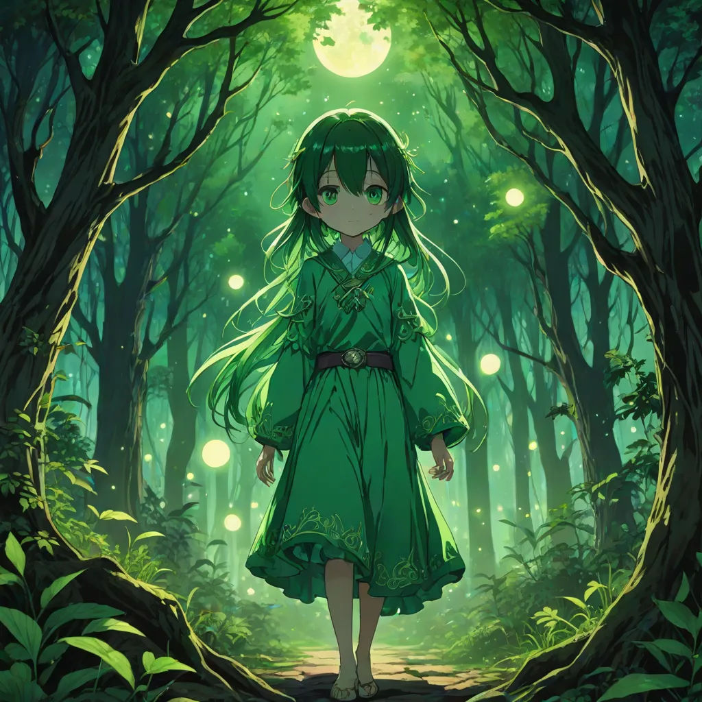 a girl in a green dress walking through a forest with a full moon in the background and a path leading to a forest, forest, magic realism, a detailed painting, Chizuko Yoshida