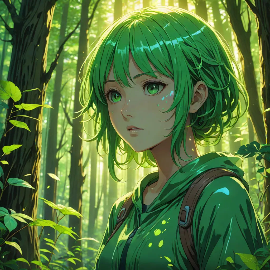 a girl with green hair standing in a forest with trees and leaves around her, looking at the camera, forest, fantasy art, a detailed painting, Aya Goda