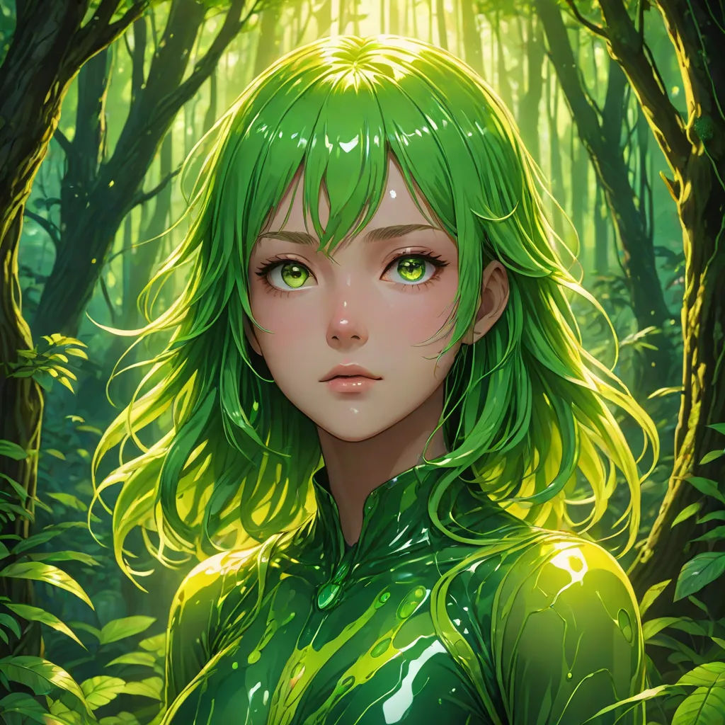 a woman with green hair and green eyes in a forest with trees and grass, with sunlight shining through the trees, stanley artgerm lau, fantasy art, a detailed painting, Artgerm