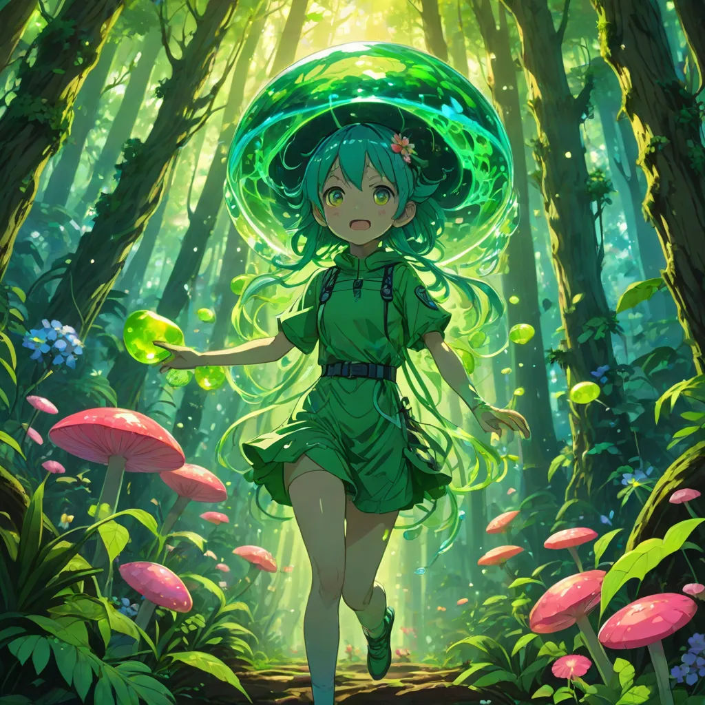 a girl in a green dress and hat walking through a forest with mushrooms and mushrooms around her, with a green hat on her head, forest, fantasy art, a hologram, Aya Goda