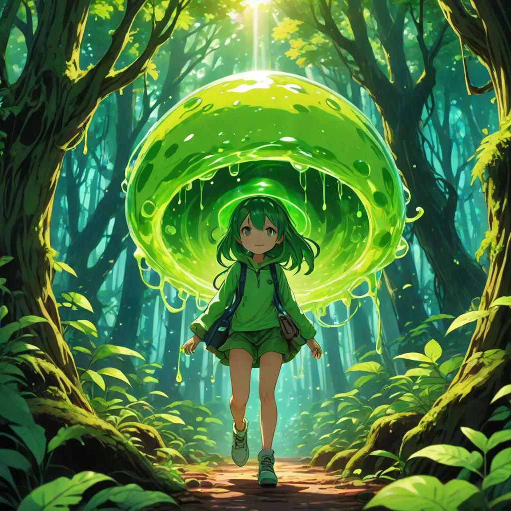 a girl in a green dress is walking through a forest with a large green mushroom on her head and a green umbrella over her head, official art, environmental art, concept art, Aya Goda